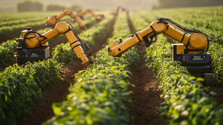 Industrial robot arm working on soybean field. Smart agriculture concept