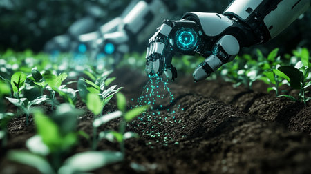 3d rendering artificial intelligence robot hand working with seedling. Technology concept.の写真素材