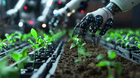3d rendering artificial intelligence robot hand working with seedling in greenhouse
