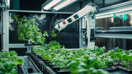 Smart farm. Industrial robot working with seedlings in greenhouse. Smart agriculture concept