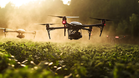Drone quadcopter flying over green field with sunset light.