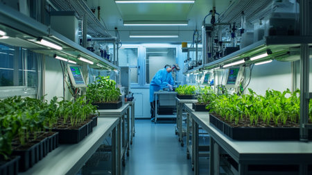 Scientist working with plants in a modern laboratory. Biotechnology concept