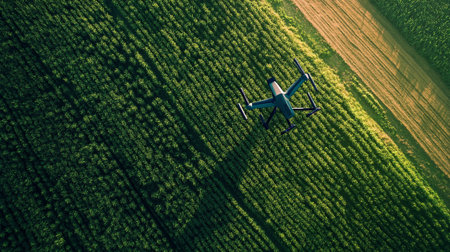 Drone flying over the green field. Drone flying over green field.