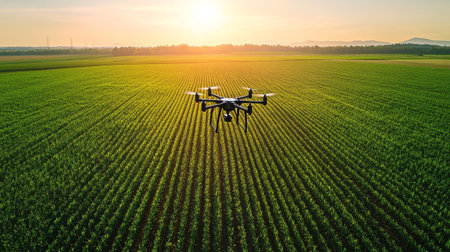 Drone quadcopter with digital camera flying over green agricultural field at sunset
