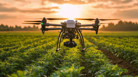 Drone quadcopter with digital camera flying over agricultural field at sunset