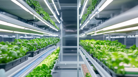 Organic hydroponic vegetable farm. Selective focus on fresh green salad in plastic tray.