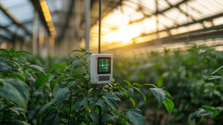 Green pepper seedlings growing in a greenhouse. Selective focus.