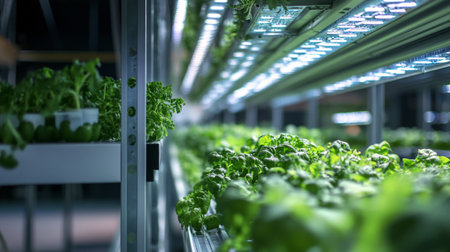 Organic hydroponic vegetable growing in greenhouse. Close up of green salad growing in farm.