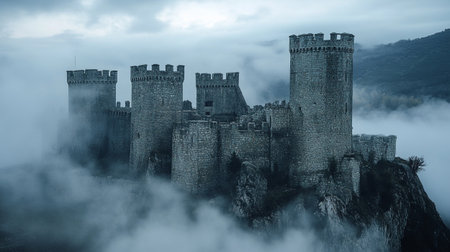 Panoramic view of the medieval castle of Castelvecchio in fog