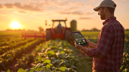 Farmer using tablet computer to check the quality of potatoes in field