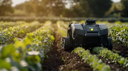 Tractor spraying pesticides on a potato field in the summer. Selective focus.