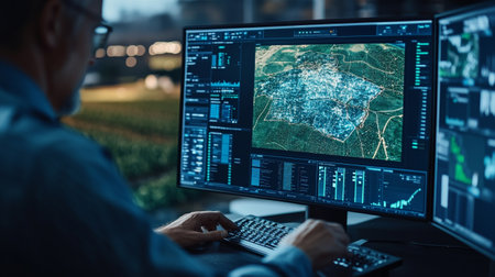 Back view of male security guard working on computer in surveillance room at night