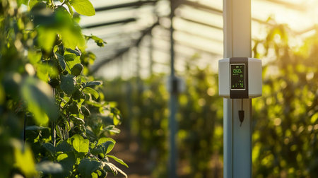Closeup of digital thermometer measuring temperature in a greenhouse during sunsetの写真素材