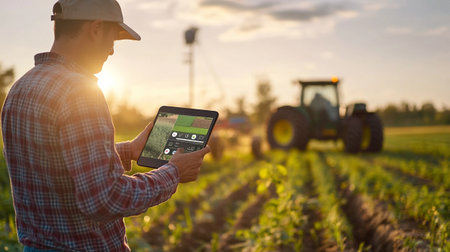 Farmer using tablet computer to check the growth of soy plants in the field