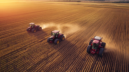 Tractor working on the large wheat field. Tractor seeding.