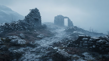 Mysterious ruins of an old stone house on a foggy mountain