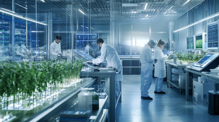 Scientists working in modern laboratory. Science and technology concept. 3D Rendering