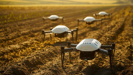 Drone quadcopter flying in the field, close-up