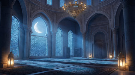 3D rendering of a mosque in the middle of the night.の素材