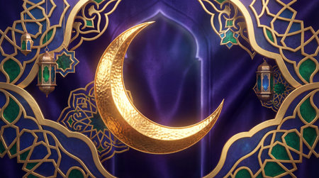 Ramadan Kareem background with golden crescent moon and arabic patternの素材