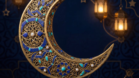 Ramadan Kareem background with golden crescent moon and lanternsの素材