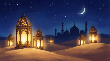 Ramadan Kareem background with arabic lanterns and crescent moonの素材