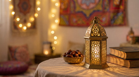 Ramadan Kareem, Ramadan lantern with dates and books on the tableの素材
