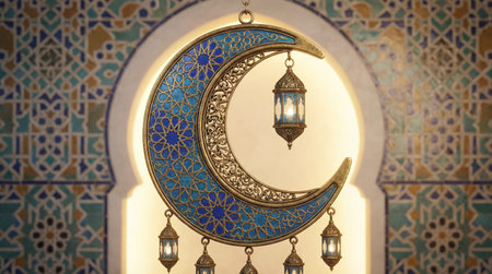 Crescent moon and lantern in morocco. Ramadan Kareem backgroundの素材