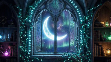 Illuminated window with a crescent moon and a garlandの素材