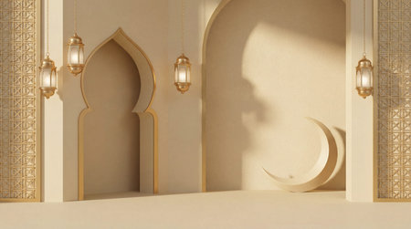3d rendering of the interior of the mosque and the moon.の素材