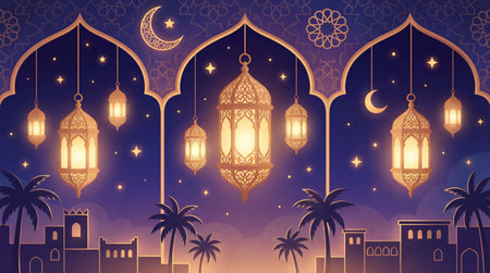 Ramadan Kareem background with arabic lanterns and mosqueの素材