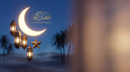 Ramadan Kareem greeting card with crescent moon and lanternsの素材