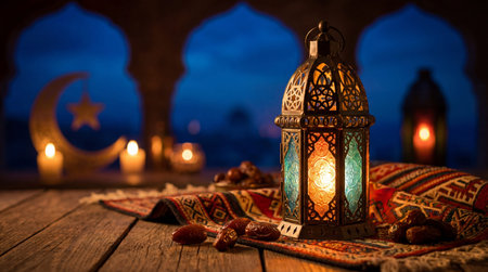 Ramadan Kareem greeting card. Ramadan lantern with dates and crescent moon on background.の素材