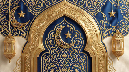 Arabic calligraphy of Ramadan Kareem with golden lanterns on a blue backgroundの素材