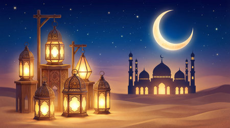Illustration of Ramadan Kareem background with mosque, lanterns and moonの素材
