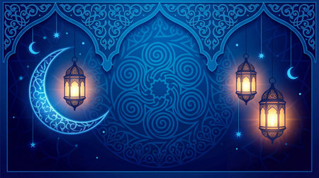 Ramadan Kareem Greeting Card. Ramadan Kareem greeting card with arabic lanterns and crescent moon.の素材