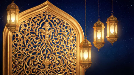 Ramadan Kareem greeting card with arabic lanterns and starry skyの素材