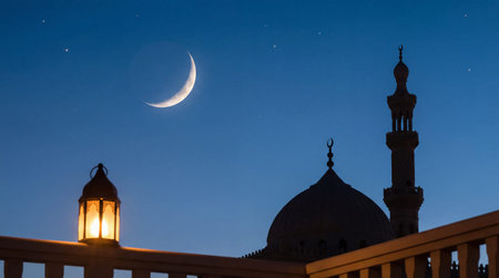 Crescent moon over mosque at night, Ramadan Kareem, Israelの素材