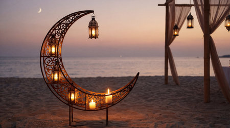Ramadan Serenity Crescent Moon and Mosque by the Seaの素材
