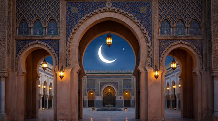 Moonlit Mosque View Through an Ornate Islamic Archwayの素材