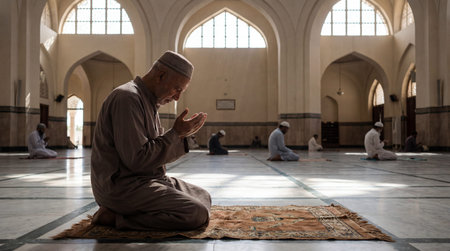 A Muslim man in deep prayer inside a grand mosqueの素材