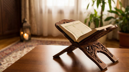 Quran on a Wooden Stand in a Peaceful Room with Warm Lightingの素材