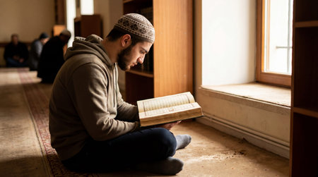 Young Muslim Man Reading Holy Quran in a Mosqueの素材