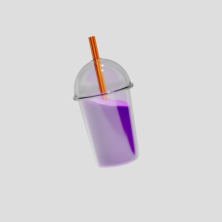 Plastic cup with smoothie isolated on gray background. 3d illustrationの写真素材