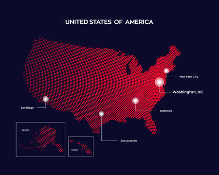 Abstract vector map of North America with capital and major cities. Dots composition map on dark...