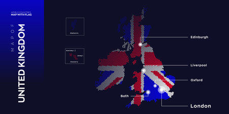 United Kingdom map with flag info graphic. Abstract vector map of United Kingdom with capital and...