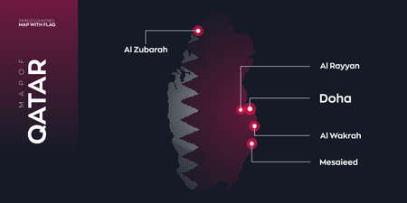 Qatar map with flag info graphic. Abstract vector map of Qatar with capital and major cities. Dots...