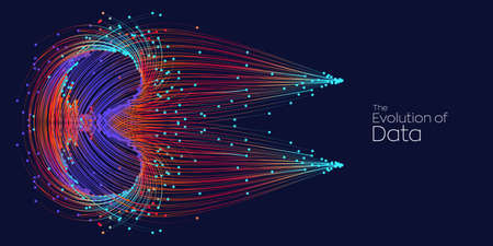 Evolution of data. Vector explosion motion dot lines background. Small particles strive out of...