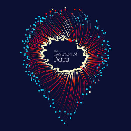 Evolution of data. Vector explosion motion dot lines background. Small particles strive out of...