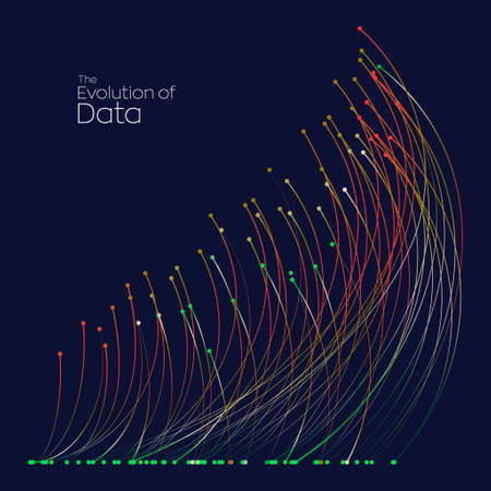 Evolution of data. Vector explosion colorful dot lines background. Data transfer, Social network, Internet databases. vector illustration use for quantum technology, digital, science, communication.のイラスト素材